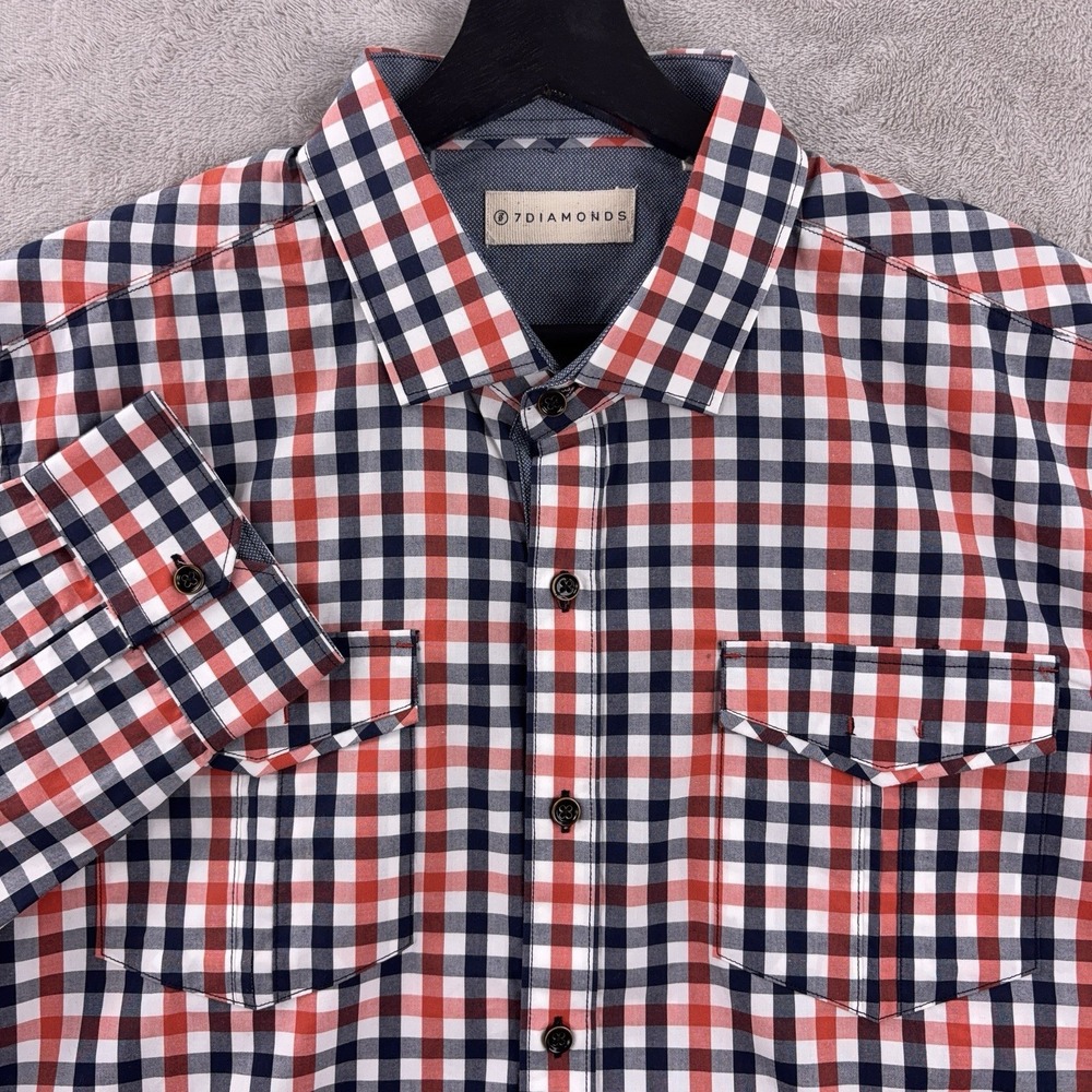 7 Diamonds Long Sleeve Shirt Mens‎ XL Red Blue Check Pattern Snap Front Western